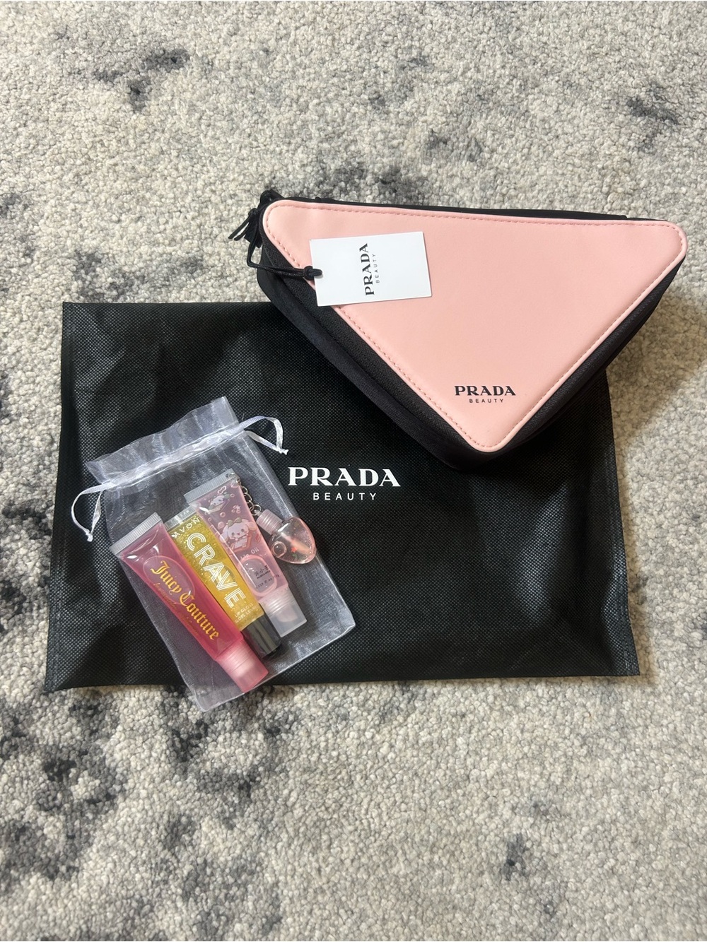 Prada Beauty Bundle Pink Triangle Cosmetic Bag Gift Set w/ Dust Bag & Lippies